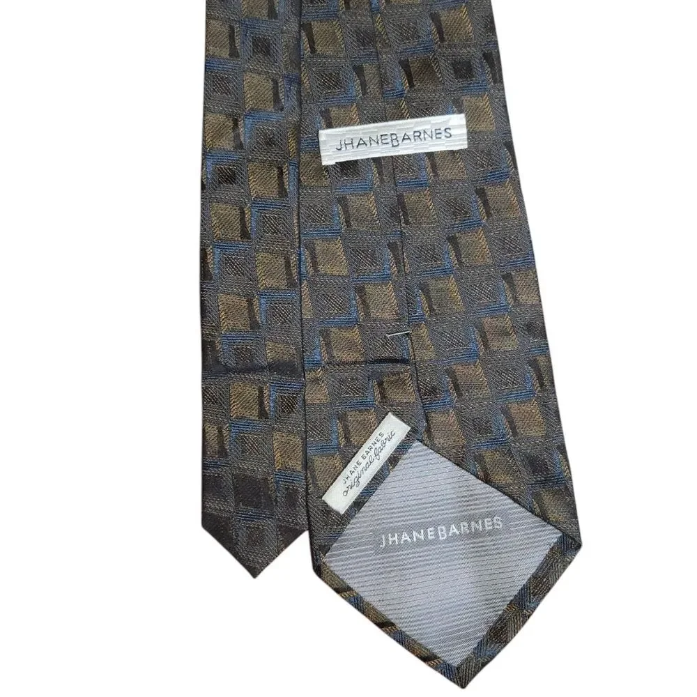 Jhane Barnes Brown & Blue Square‎ Print Original Fabric Necktie 58